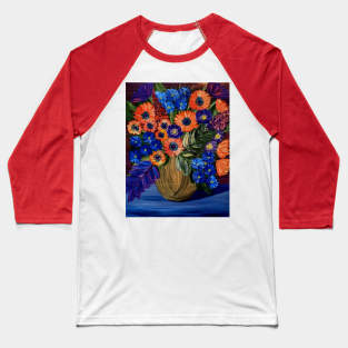 Bright and colorful abstract flowers in a bronze and purple vase Baseball T-Shirt